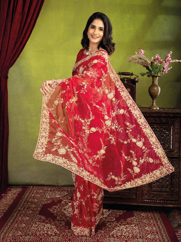 Red Bridal Organza Saree With Full Sequins Floral Design - Diadem