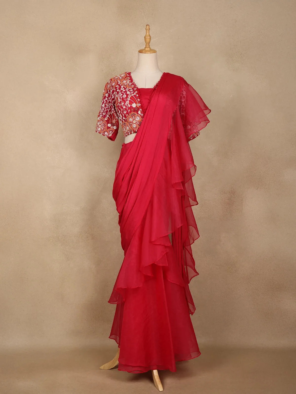 Red Crepe Ready To Wear Saree With Plain Body Paired with Designer Blouse - Diadem