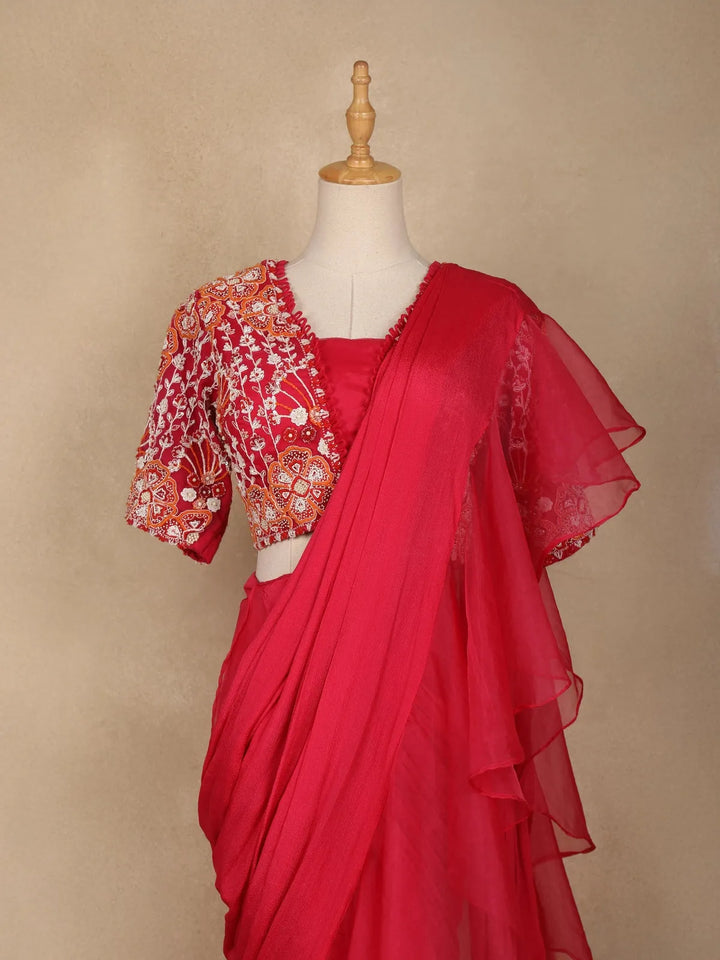 Red Crepe Ready To Wear Saree With Plain Body Paired with Designer Blouse - Diadem