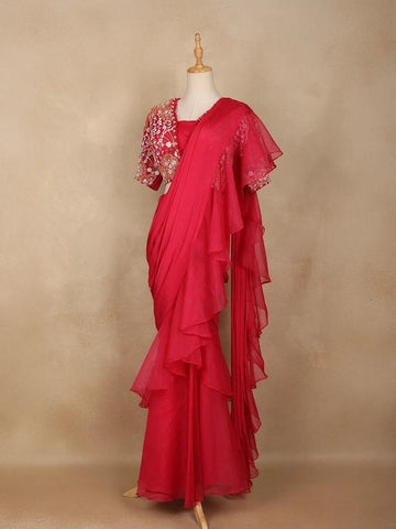 Red Crepe Ready To Wear Saree With Plain Body Paired with Designer Blouse - Diadem