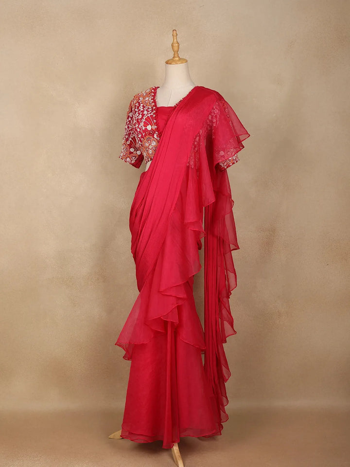 Red Crepe Ready To Wear Saree With Plain Body Paired with Designer Blouse - Diadem