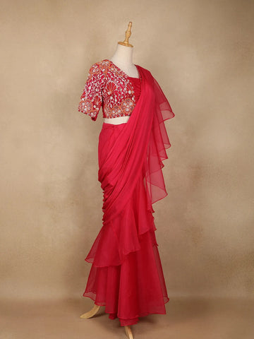 Red Crepe Ready To Wear Saree With Plain Body Paired with Designer Blouse - Diadem