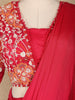 Red Crepe Ready To Wear Saree With Plain Body Paired with Designer Blouse - Diadem