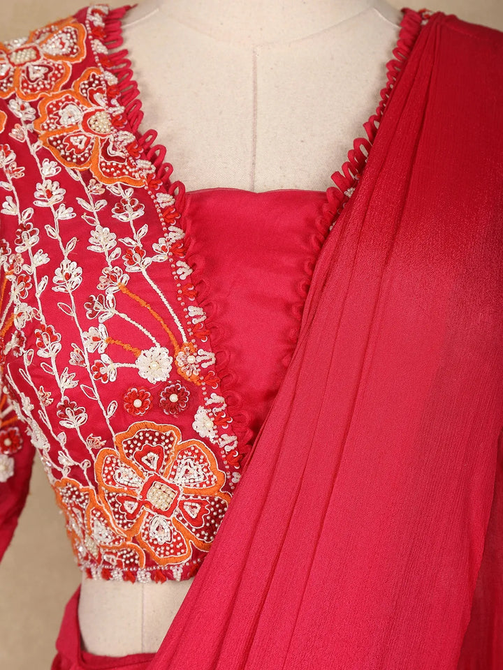 Red Crepe Ready To Wear Saree With Plain Body Paired with Designer Blouse - Diadem