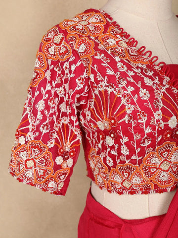 Red Crepe Ready To Wear Saree With Plain Body Paired with Designer Blouse - Diadem