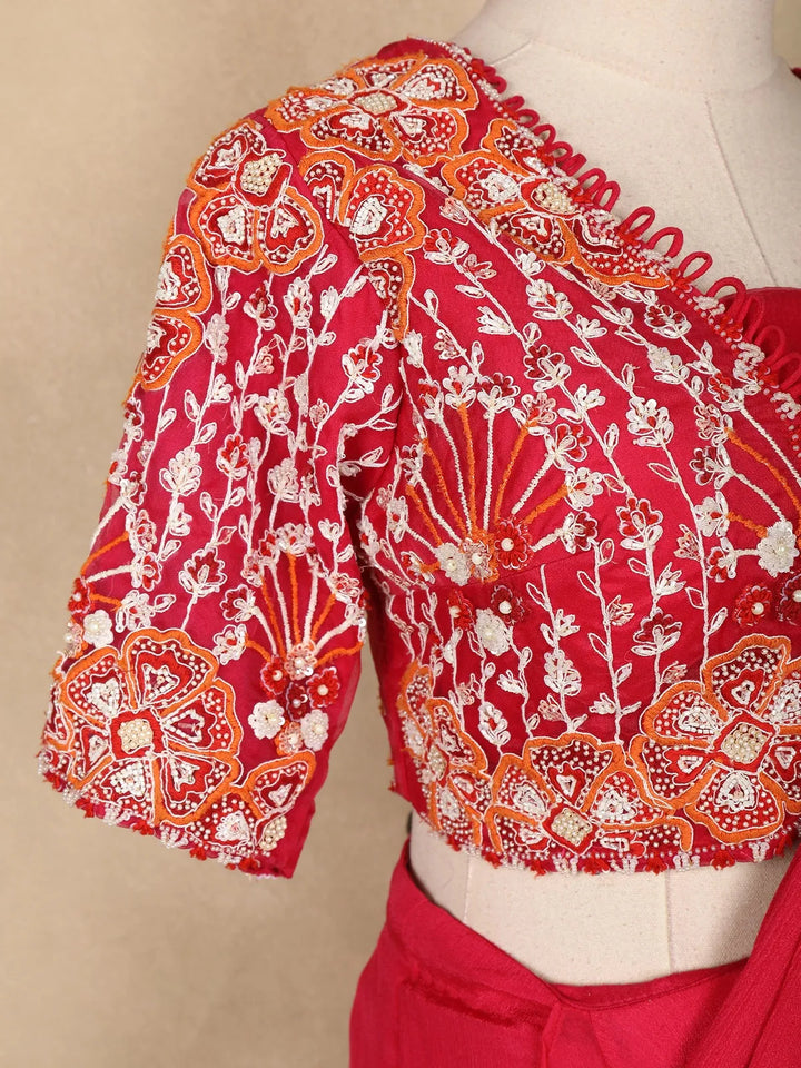 Red Crepe Ready To Wear Saree With Plain Body Paired with Designer Blouse - Diadem