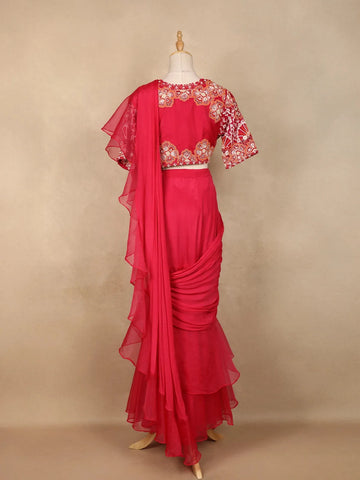 Red Crepe Ready To Wear Saree With Plain Body Paired with Designer Blouse - Diadem