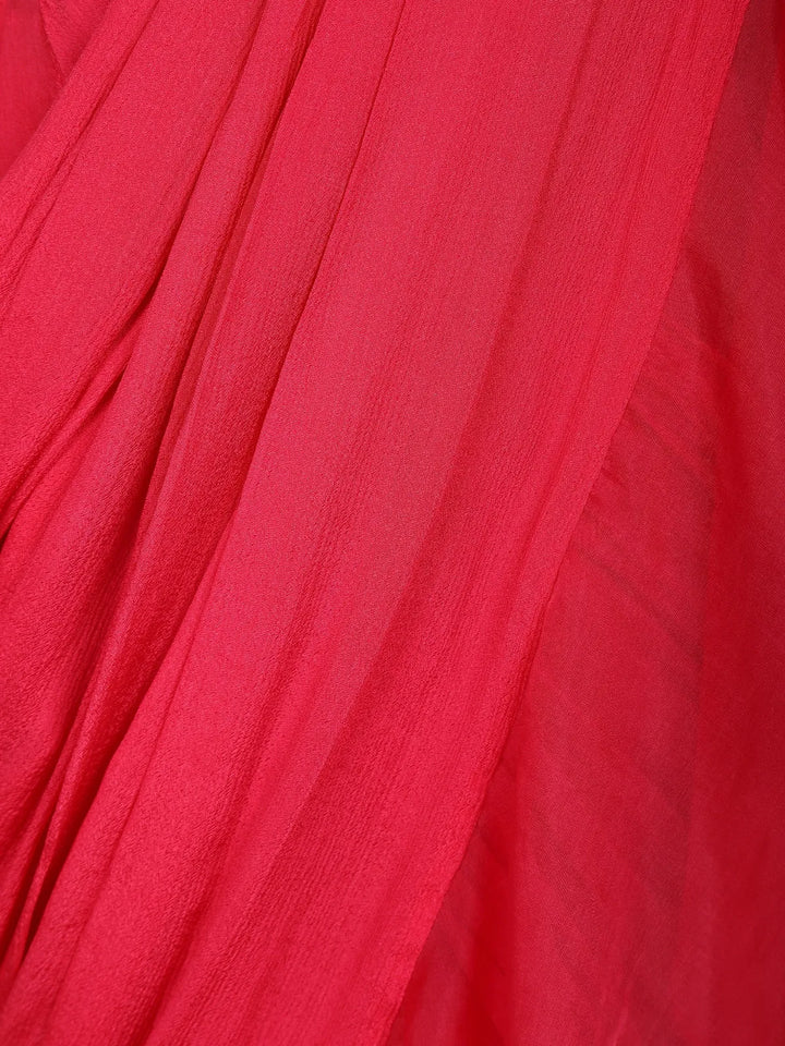 Red Crepe Ready To Wear Saree With Plain Body Paired with Designer Blouse - Diadem