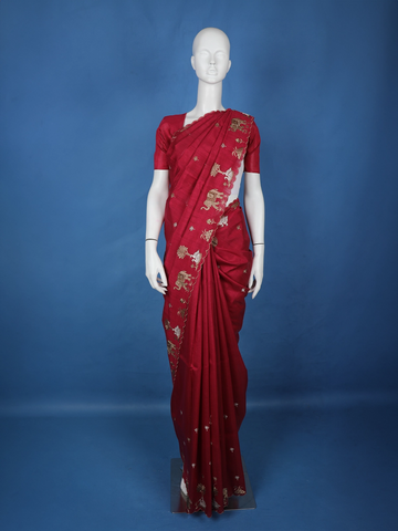 Red Elephant and Floral Designed Semi Tussar Saree - Diadem