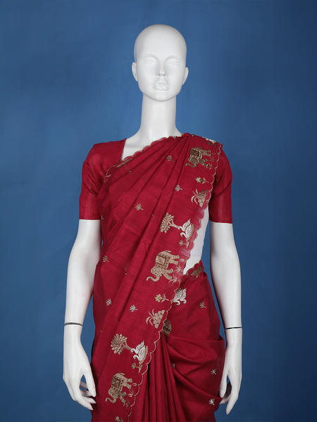 Red Elephant and Floral Designed Semi Tussar Saree - Diadem