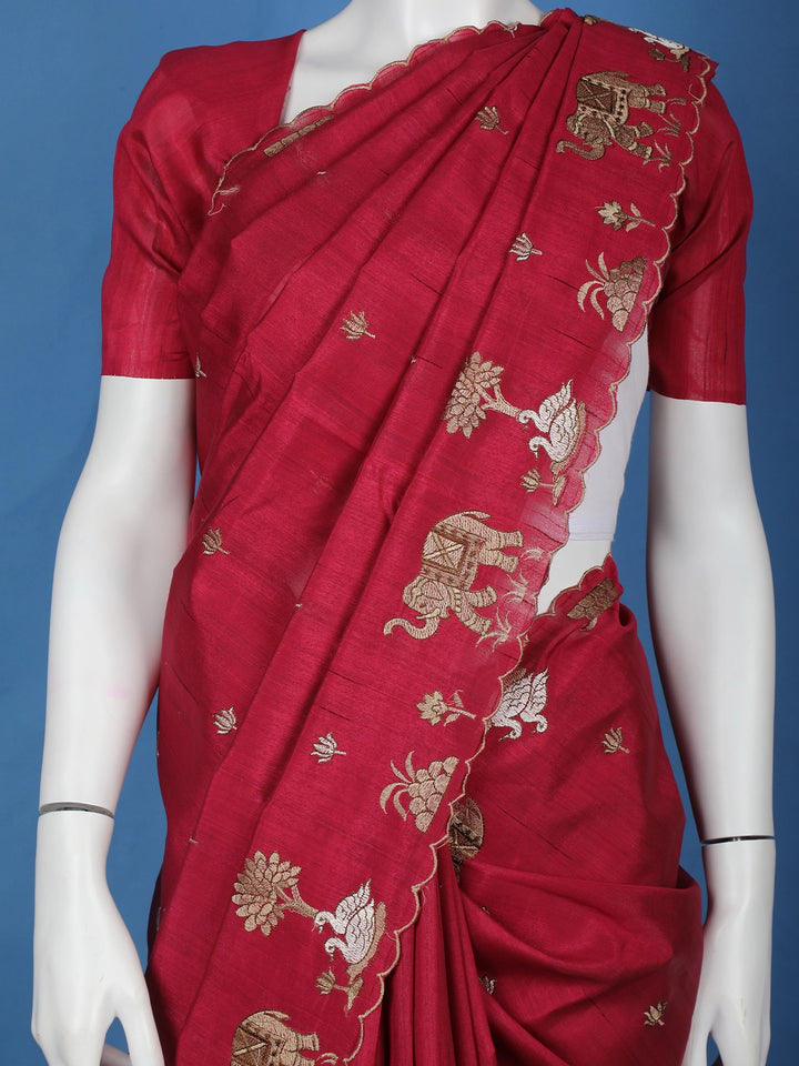 Red Elephant and Floral Designed Semi Tussar Saree - Diadem
