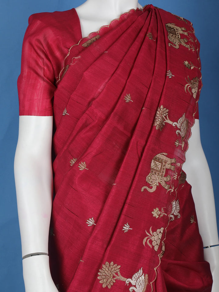 Red Elephant and Floral Designed Semi Tussar Saree - Diadem