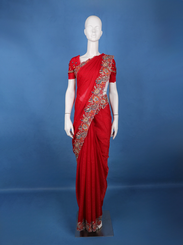 Red Embroidered Georgette Saree - Diadem