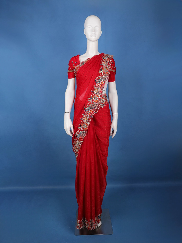 Red Embroidered Georgette Saree - Diadem