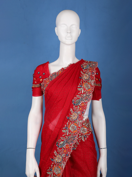 Red Embroidered Georgette Saree - Diadem
