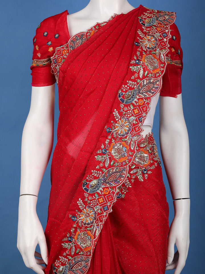 Red Embroidered Georgette Saree - Diadem