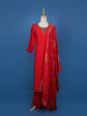 Red Embroidered Jacquard Straight Cut Salwar Suit - Diadem
