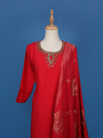 Red Embroidered Jacquard Straight Cut Salwar Suit - Diadem