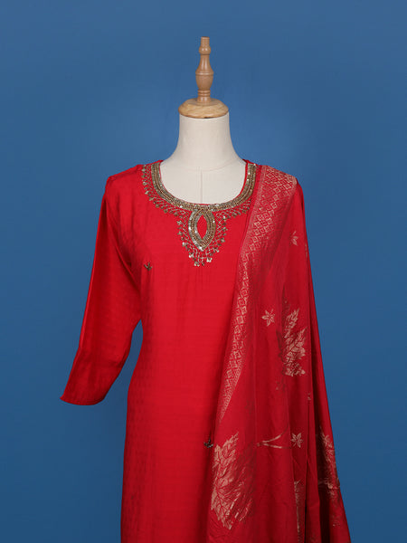 Red Embroidered Jacquard Straight Cut Salwar Suit - Diadem