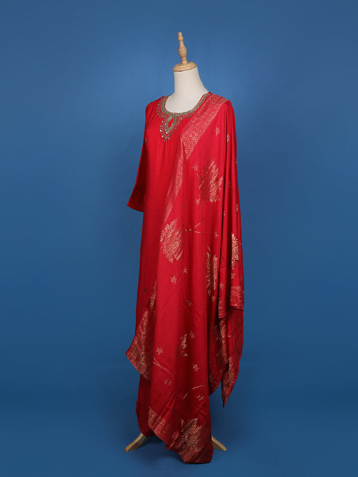 Red Embroidered Jacquard Straight Cut Salwar Suit - Diadem