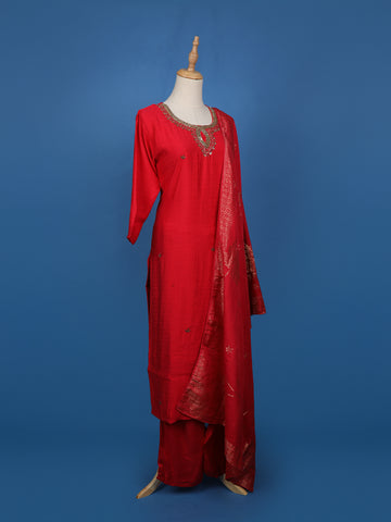 Red Embroidered Jacquard Straight Cut Salwar Suit - Diadem