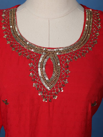 Red Embroidered Jacquard Straight Cut Salwar Suit - Diadem
