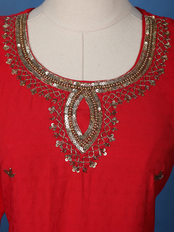 Red Embroidered Jacquard Straight Cut Salwar Suit - Diadem