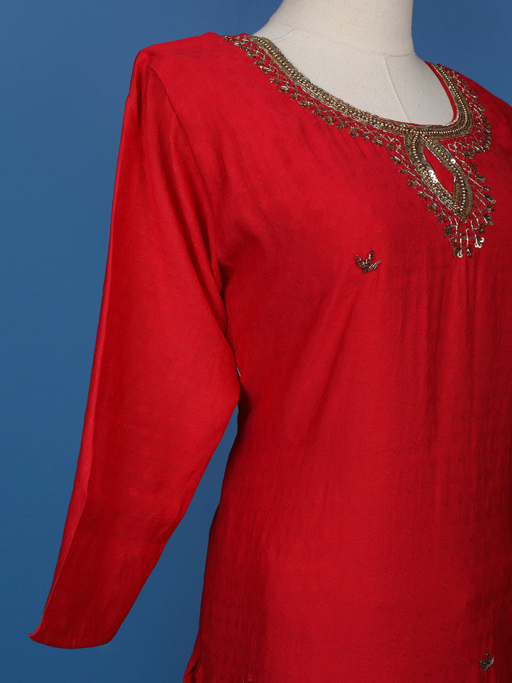 Red Embroidered Jacquard Straight Cut Salwar Suit - Diadem