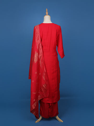 Red Embroidered Jacquard Straight Cut Salwar Suit - Diadem
