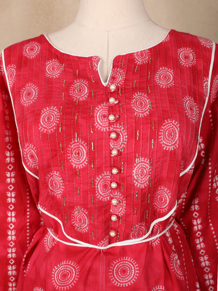 Red Floral Designed Cotton Salwar Suit - Diadem