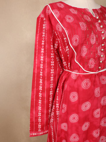Red Floral Designed Cotton Salwar Suit - Diadem