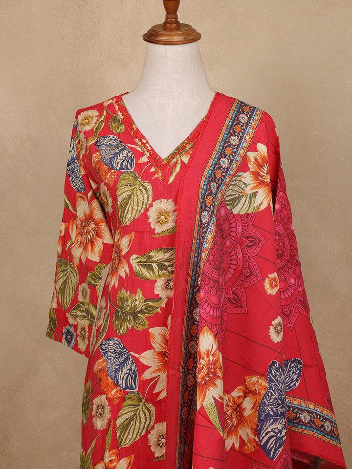 Red Floral Design Print Cotton Salwar Suit - Diadem