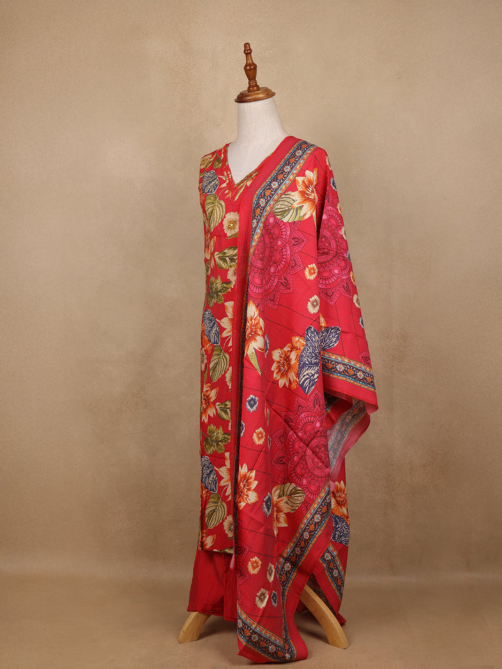 Red Floral Design Print Cotton Salwar Suit - Diadem
