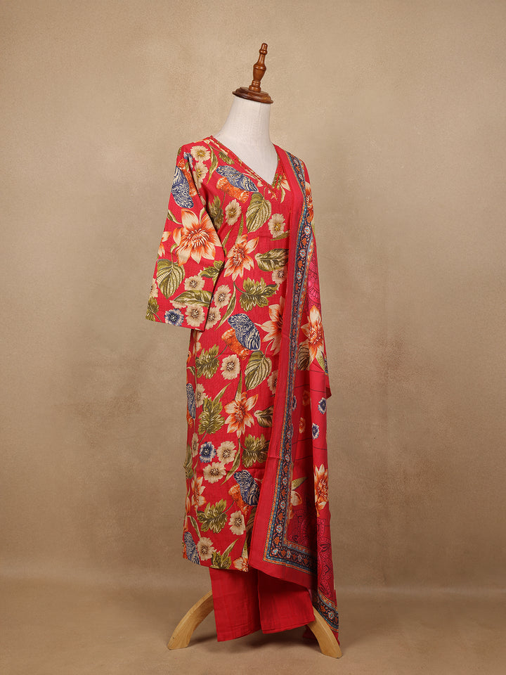 Red Floral Design Print Cotton Salwar Suit - Diadem