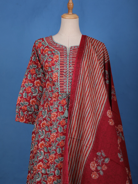 Red Floral Design Printed Cotton Salwar Suit - Diadem