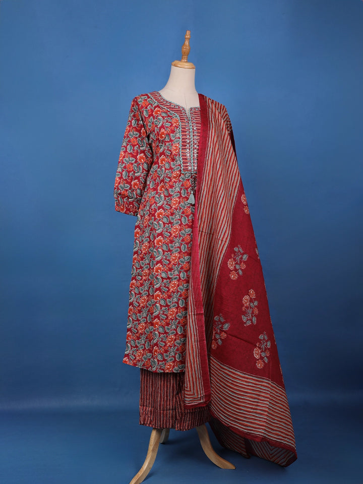 Red Floral Design Printed Cotton Salwar Suit - Diadem