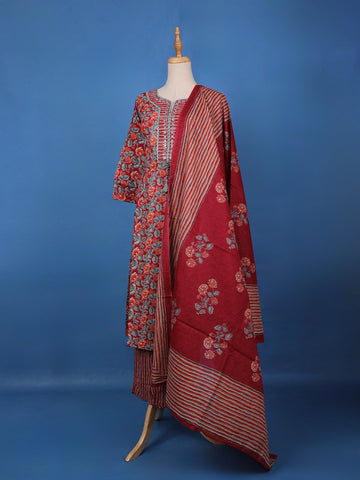 Red Floral Design Printed Cotton Salwar Suit - Diadem