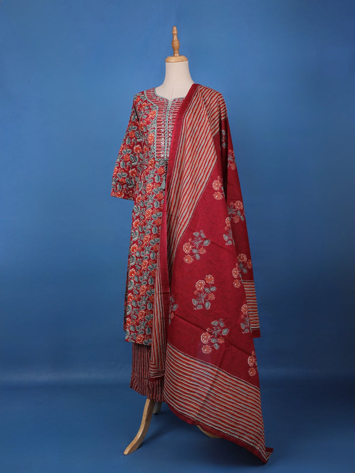 Red Floral Design Printed Cotton Salwar Suit - Diadem