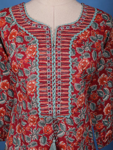 Red Floral Design Printed Cotton Salwar Suit - Diadem