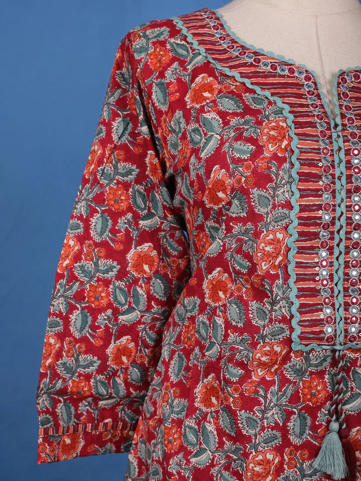 Red Floral Design Printed Cotton Salwar Suit - Diadem