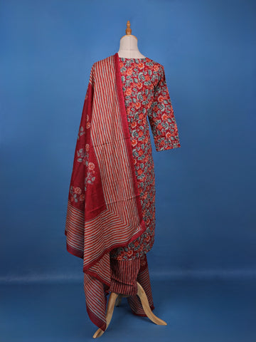 Red Floral Design Printed Cotton Salwar Suit - Diadem