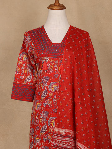 Red Floral Design Printed Cotton Salwar Suit - Diadem