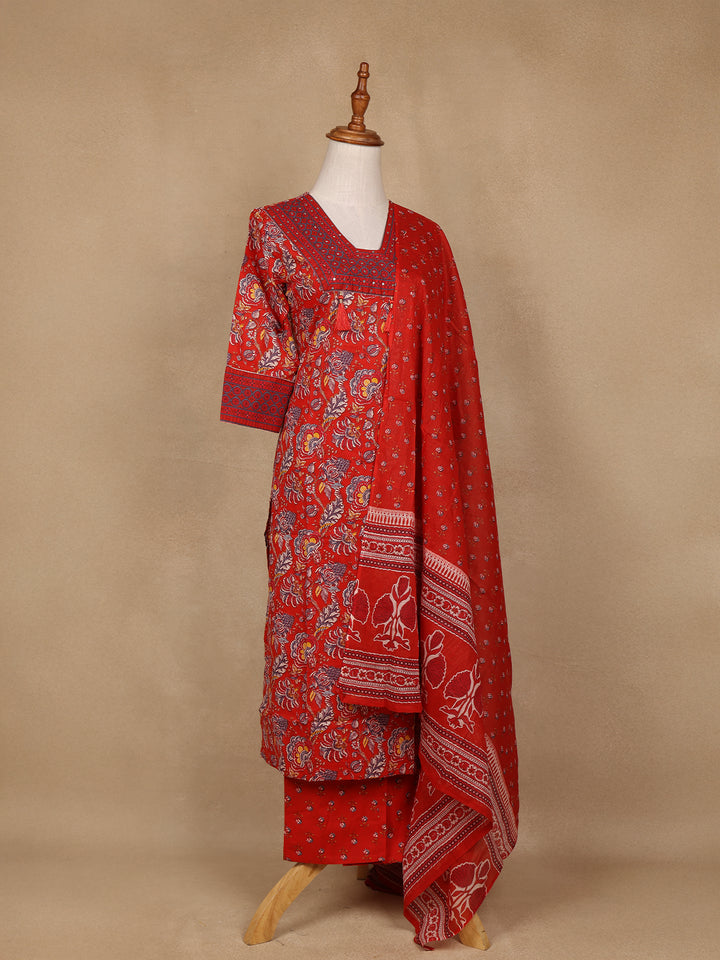 Red Floral Design Printed Cotton Salwar Suit - Diadem