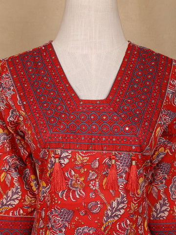 Red Floral Design Printed Cotton Salwar Suit - Diadem