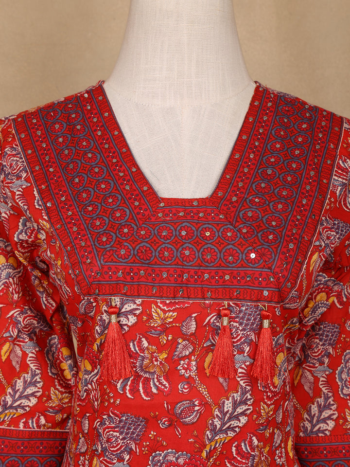 Red Floral Design Printed Cotton Salwar Suit - Diadem