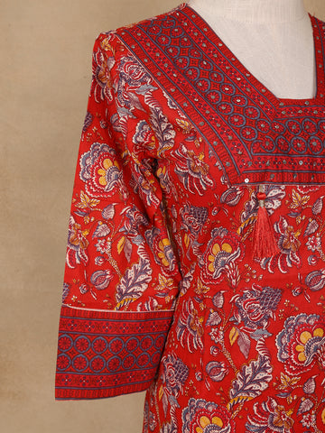 Red Floral Design Printed Cotton Salwar Suit - Diadem