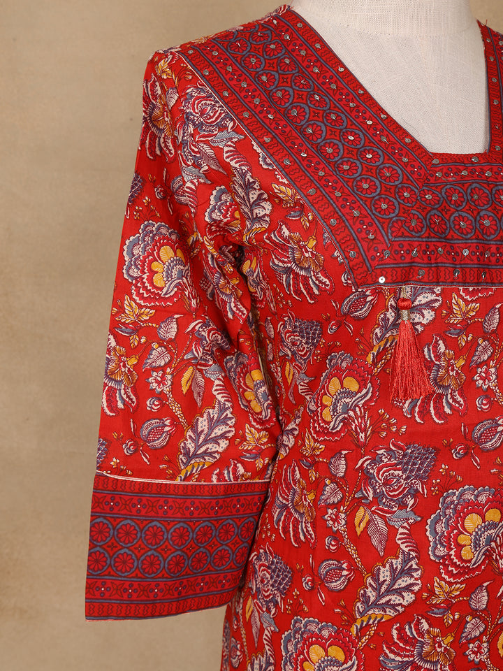 Red Floral Design Printed Cotton Salwar Suit - Diadem
