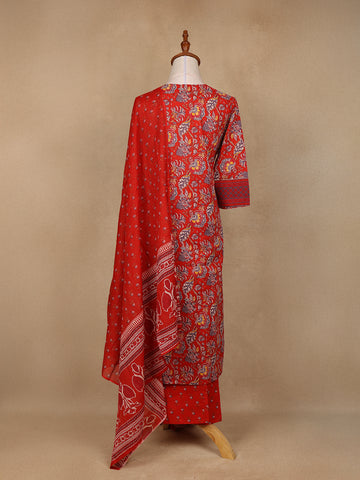 Red Floral Design Printed Cotton Salwar Suit - Diadem
