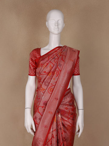 Red Floral Designed Soft Silk Saree - Diadem
