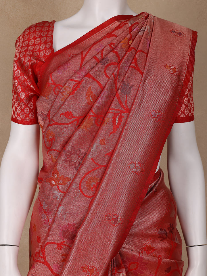 Red Floral Designed Soft Silk Saree - Diadem